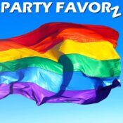 Gay Pride flag waving against a blue sky Party Favorz Celebrating 16 Years of Gay Pride and gay anthems!