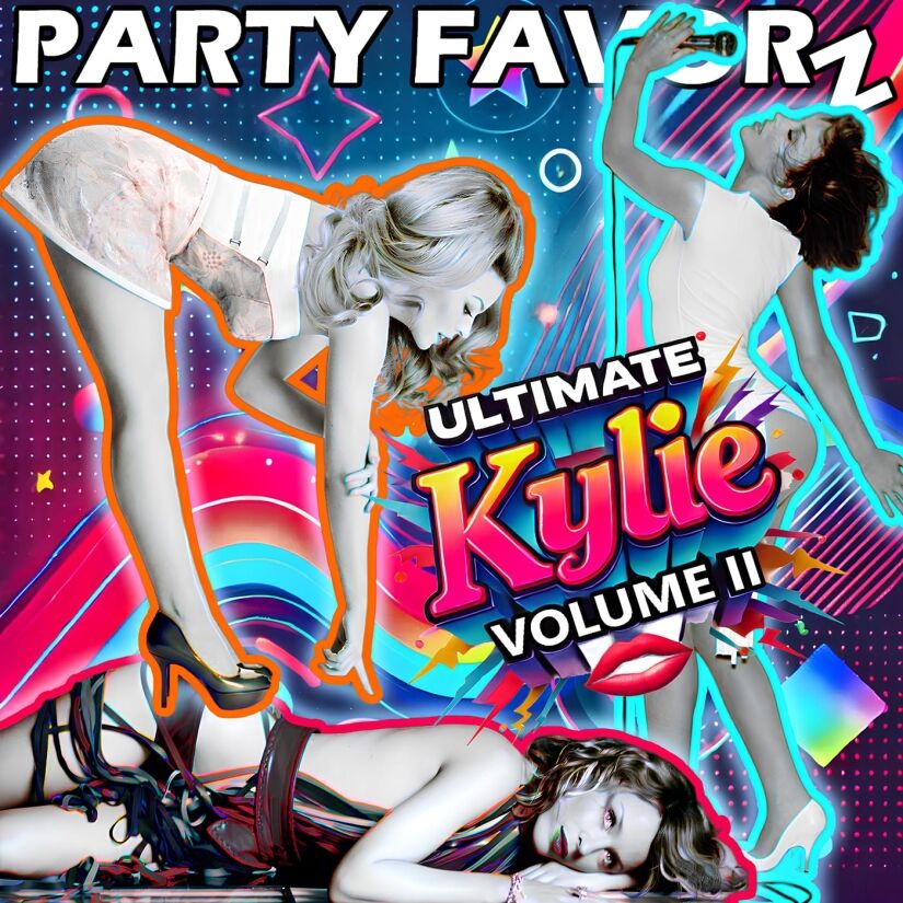 Multiple cutout Kyle images from over the years set agains a bright multicolor backgorund for The Ultimate Kylie Volume II coverart set.