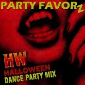 Artwork for the Party Favorz podcast episode HW, featuring a close-up portrait of a vampire baring fangs against a textured dark-red background. At the top, bold yellow and lime-green text reads PARTY FAVORZ. On the lower left, large 3D red-and-gold letters read HW, followed by the subtitle HALLOWEEN DANCE PARTY MIX in dripping dark-red, yellow, and lime-green lettering.