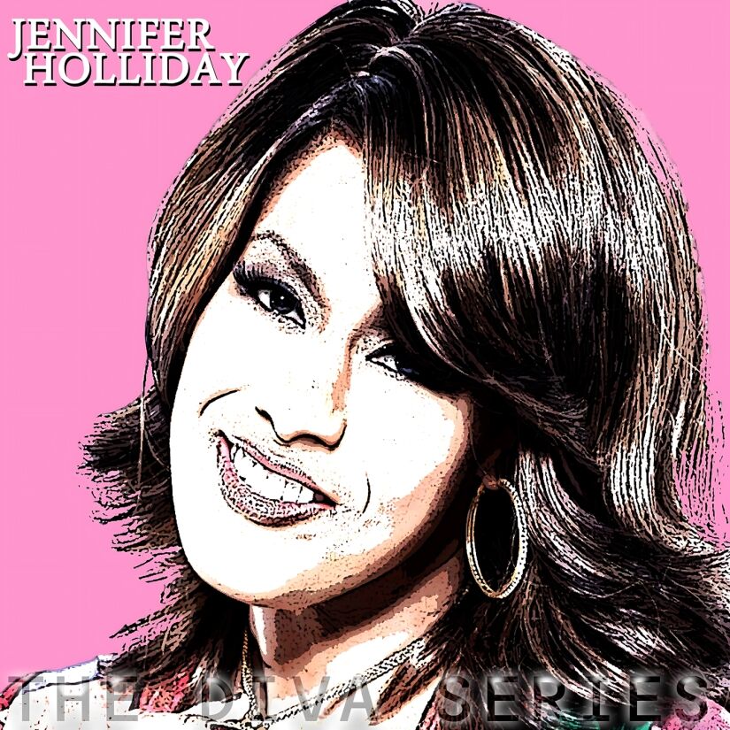 A close-up, stylized portrait of a smiling person with layered dark brown hair, heavy eye makeup and a large gold hoop earring, head slightly tilted against a solid bright pink background with bold white name text in the top left, artwork for the Party Favorz episode "Circuit House Diva: Jennifer Holliday, Diva Series 2014.
