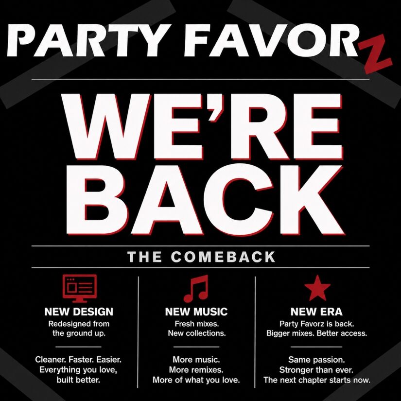 new party favorz logo on a black background with the announcement of our return